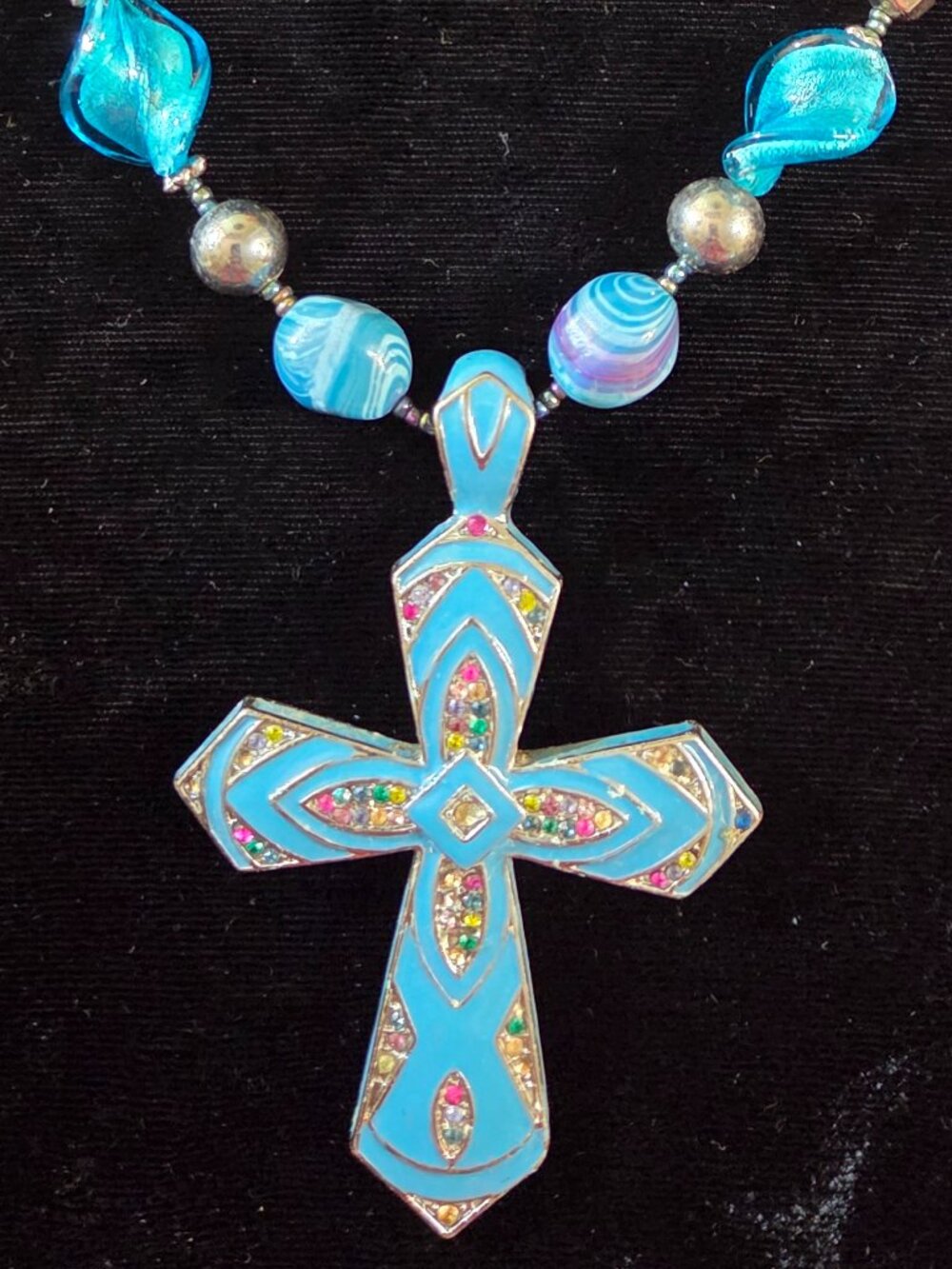 Turquoise Enamel Cross and Beaded Necklace
